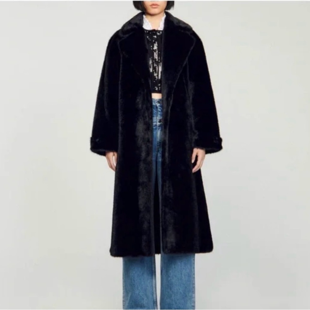 Sandro Black Faux Fur Long Teddy Coat